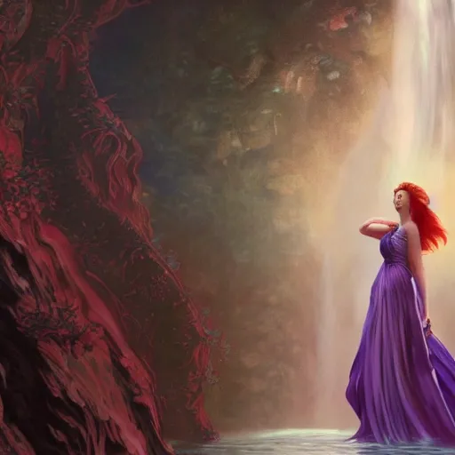 Prompt: a highly detailed byzantine painting of scarlett johansson as a red haired vampire sorceress, walking through a waterfall in a gossamer purple dress, epic fantasy, viewed in profile from far away, ultrawide lens, art by artgerm and greg rutkowski and alphonse mucha, volumetric lighting, 4 k resolution, trending on artstation, masterpiece