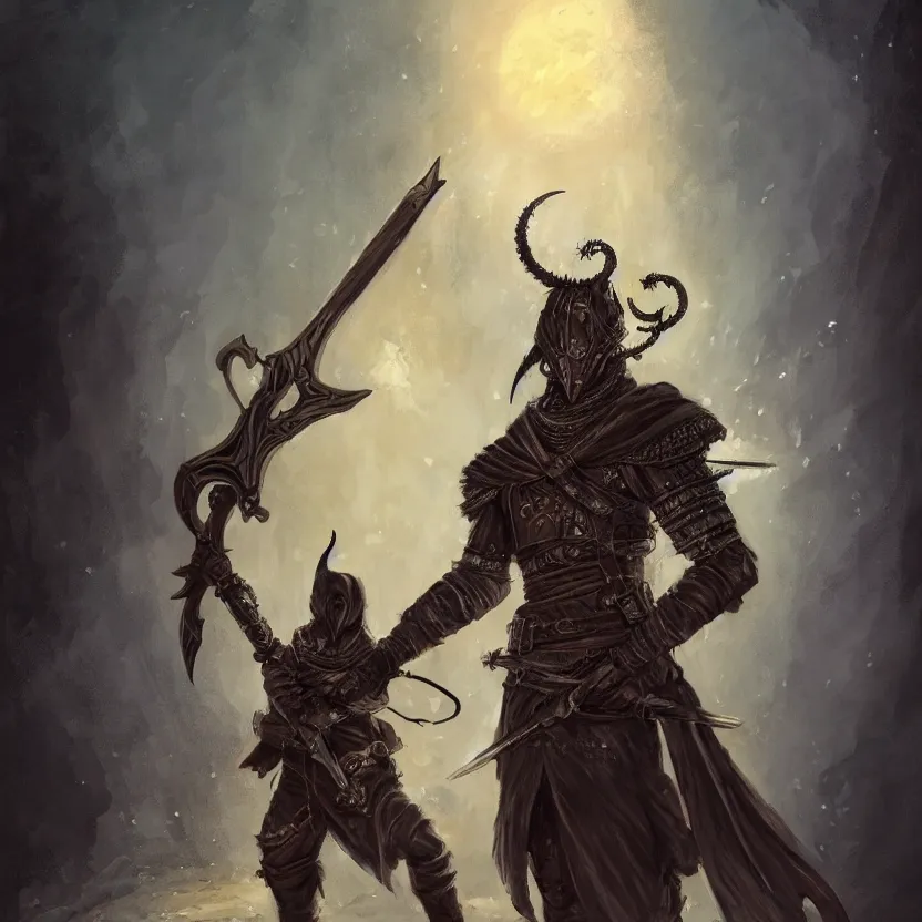 Image similar to an oil drawing of a gipsy tiefling with great sword in his hand in style of dark souls, a character portrait by muggur, disco elysium character, featured on deviantart, fantasy art, concept art, official art, hd mod