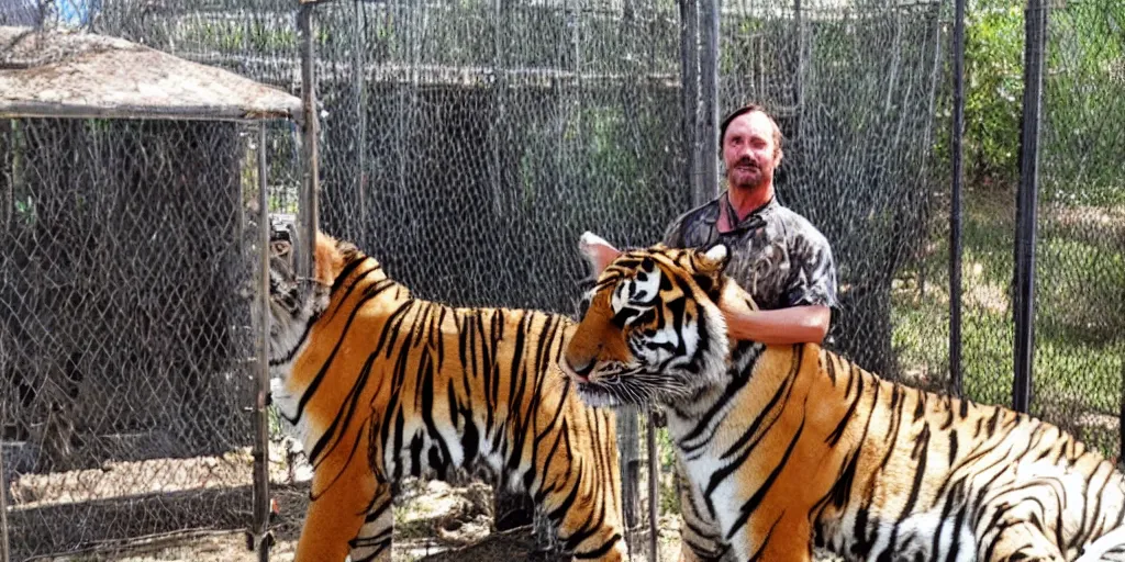 Prompt: joe exotic the tiger king standing in front of a tiger cage, tigers