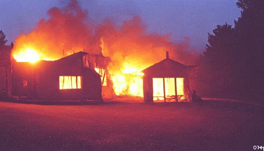 Image similar to 1 9 7 0 s movie still of a heavy burning french style little house by night in autumn, in a small northern french village, sony mini dv camera, heavy grain, high quality, high detail, dramatic light, anamorphic, flares