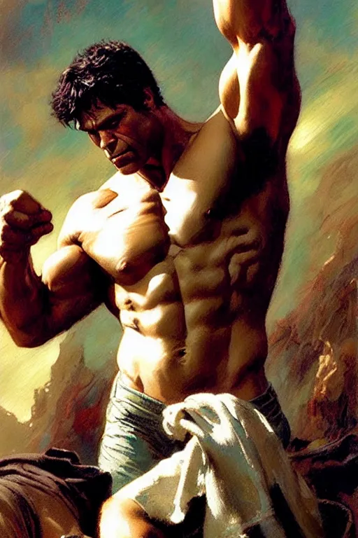Prompt: muscular mark ruffalo as the hulk, shirtless, painting by gaston bussiere, craig mullins, j. c. leyendecker, tom of finland