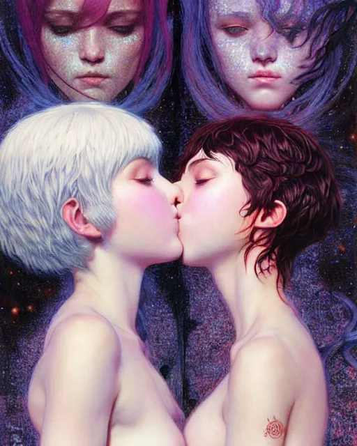 Image similar to portrait of two beautiful cute young maiden girls kissing with short white hairs in warhammer armor, art by ( ( ( kuvshinov ilya ) ) ) and wayne barlowe and gustav klimt and artgerm and wlop