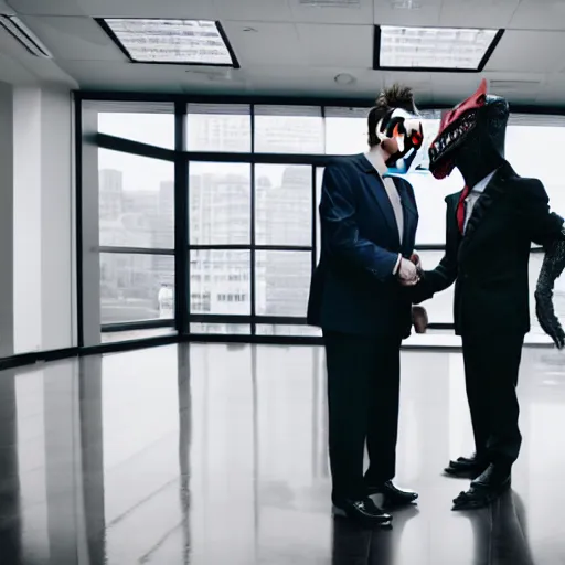 Image similar to professional photograph of the joker shaking hands with a suit-wearing anthropomorphic T-Rex in an office building, detailed, 8k,