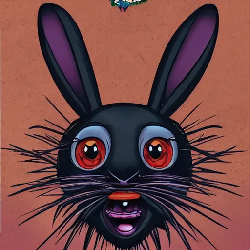 Image similar to A extremely highly detailed majestic hi-res beautiful, highly detailed head and shoulders portrait of a scary terrifying, horrifying, creepy black cartoon rabbit with scary big eyes, earing a shirt laughing, hey buddy ole pal, let's be friends, in the style of Walt Disney