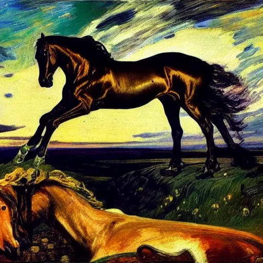 Image similar to a horse made out of emeralds with fiery eyes standing on a cliff in a turbulent hellscape!!! at sunset, retrowave!, by alfred munnings!! and h.r. giger, oil on canvas, 8k hd