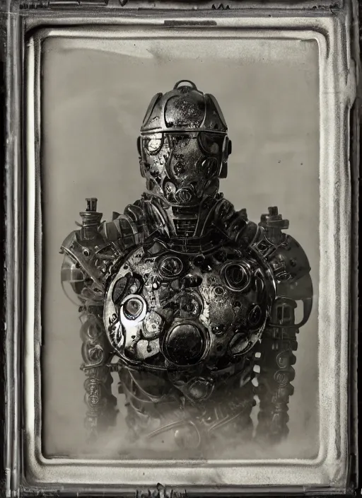 Image similar to old wetplate daguerreotype frame portrait of a futuristic silver armored knight district 9 cyborg, fractal, intricate, elegant, highly detailed, subsurface scattering, by jheronimus bosch and greg rutkowski and louis jacques mande daguerre