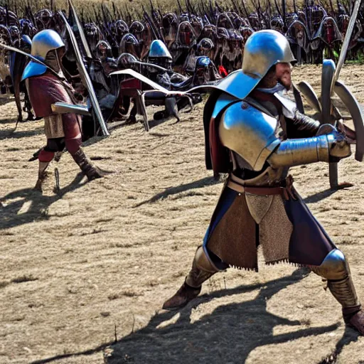 Image similar to film-still shot of a medieval battle, XF IQ4, 150MP, 50mm, f/1.4, ISO 200, 1/160s, natural light, Adobe Photoshop, Adobe Lightroom, DxO Photolab, Corel PaintShop Pro, rule of thirds, symmetrical balance, depth layering, polarizing filter, Sense of Depth, AI enhanced