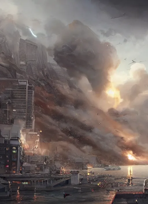 Image similar to hyper realistic squid robot attacking cape town city, table mountain explosions, atmospheric beautiful details, strong composition drawn in ink by kim jung giu weta studio rutkowski, james gurney and greg rutkowski, and lucasfilm