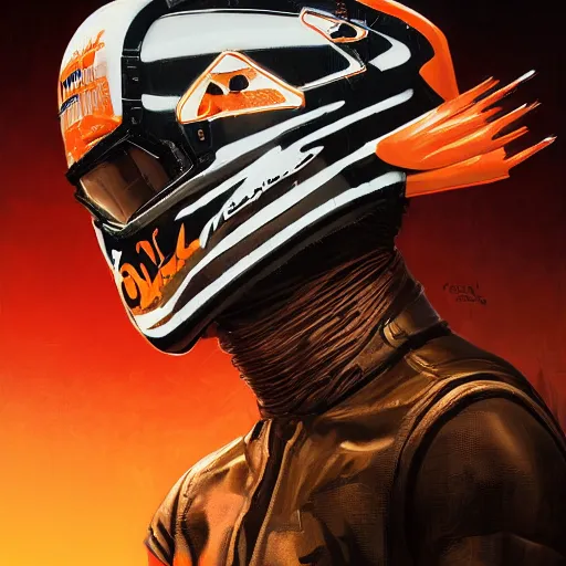 Image similar to a portrait of a monster, in an orange racing helmet by sandra chevrier, detailed render, epic composition, cybernetics, 4 k realistic, cryengine, realistic shaded lighting, sharp focus, masterpiece, by matteo scalera, gary montalbano, peter elson in the style of the tokyo ghost comic