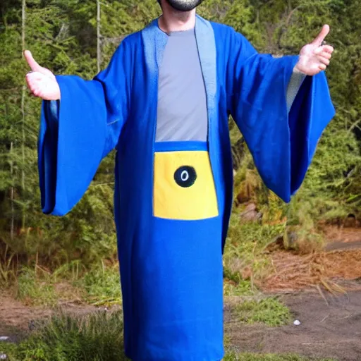 Image similar to handsome minion wearing a blue wizard robe and hat