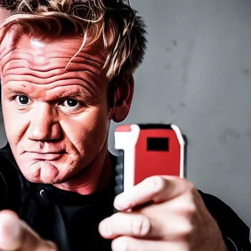 Image similar to gordon ramsey holding handgun, selfie, phone camera, famous chef gordon ramsey, pointing gun at camera, realistic photography