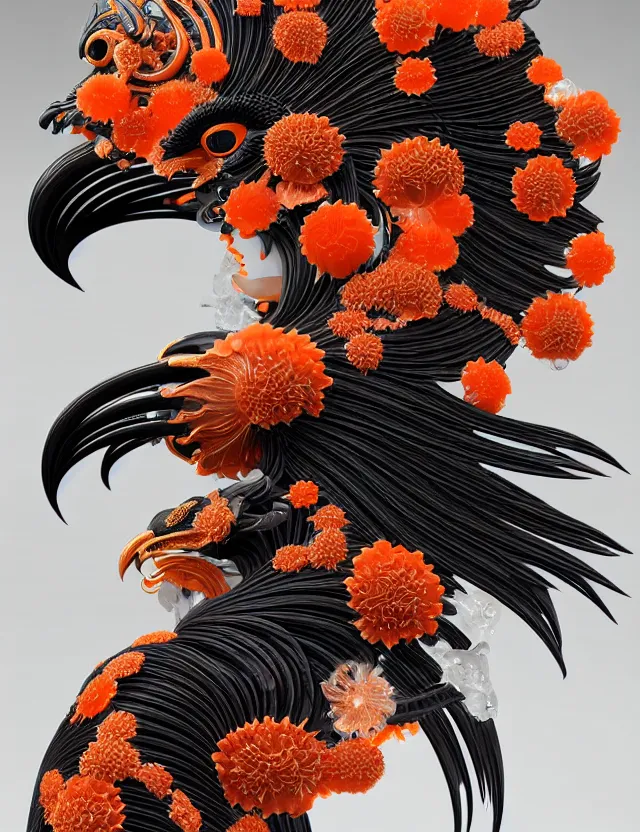 Image similar to 3 d goddess close - up profile portrait biomechanics with ram skull. beautiful intricately detailed japanese crow kitsune mask and clasical japanese kimono. betta fish, jellyfish phoenix, bio luminescent, plasma, ice, water, wind, creature, artwork by tooth wu and wlop and beeple and greg rutkowski. gold black teal and orange color scheme