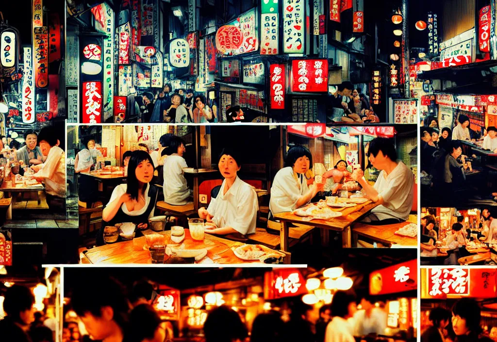 Prompt: night crowd eating gyoza and drinking beer at a nighttime izakaya in shinbashi tokyo, japan, a collage painting, in the style of wes anderson, lola dupre, david hockney, isolated on negative white space background dark monochrome fluorescent neon spraypaint accents volumetric octane render