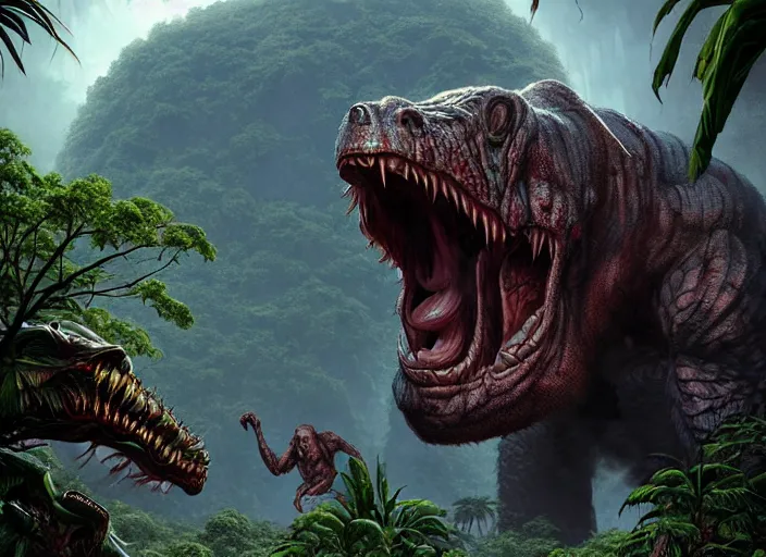 Image similar to giant monstrous aggressive scaled creature screaming at the camera, in the background a jungle, epic science fiction horror digital matte painting by Moebius and Mark Brooks (and Greg Rutkowski), extremely detailed, artstation