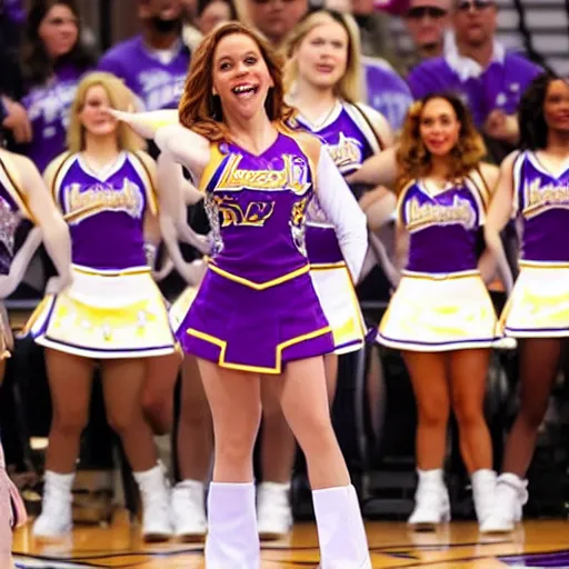 Prompt: highly detailed photo of pam beesly wearing a lakers cheerleading outfit unreal engine