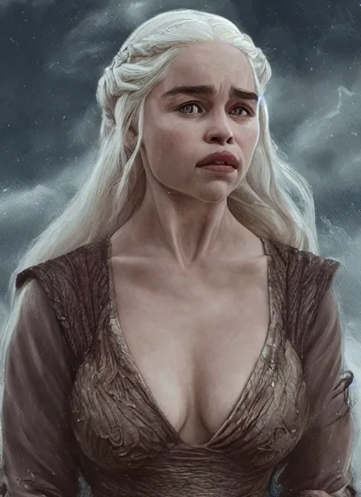 Image similar to Emilia Clarke as Daenerys Targaryen taking a rest under tree after an long adventure, a ruggedly muscled handsome heroine, intricate, elegant, highly detailed, centered, digital painting, artstation, concept art, smooth, sharp focus, illustration, artgerm, donato giancola, Joseph Christian Leyendecker, WLOP, Artgerm, thunder storm