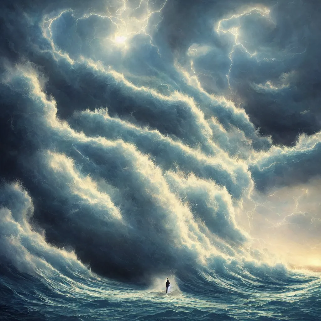 Image similar to a sending down [ of the revelation ] from him who created the earth and the lofty heavens, water wave, tornado, overdetailed art, by greg rutkowski, by rhads, sharp focus