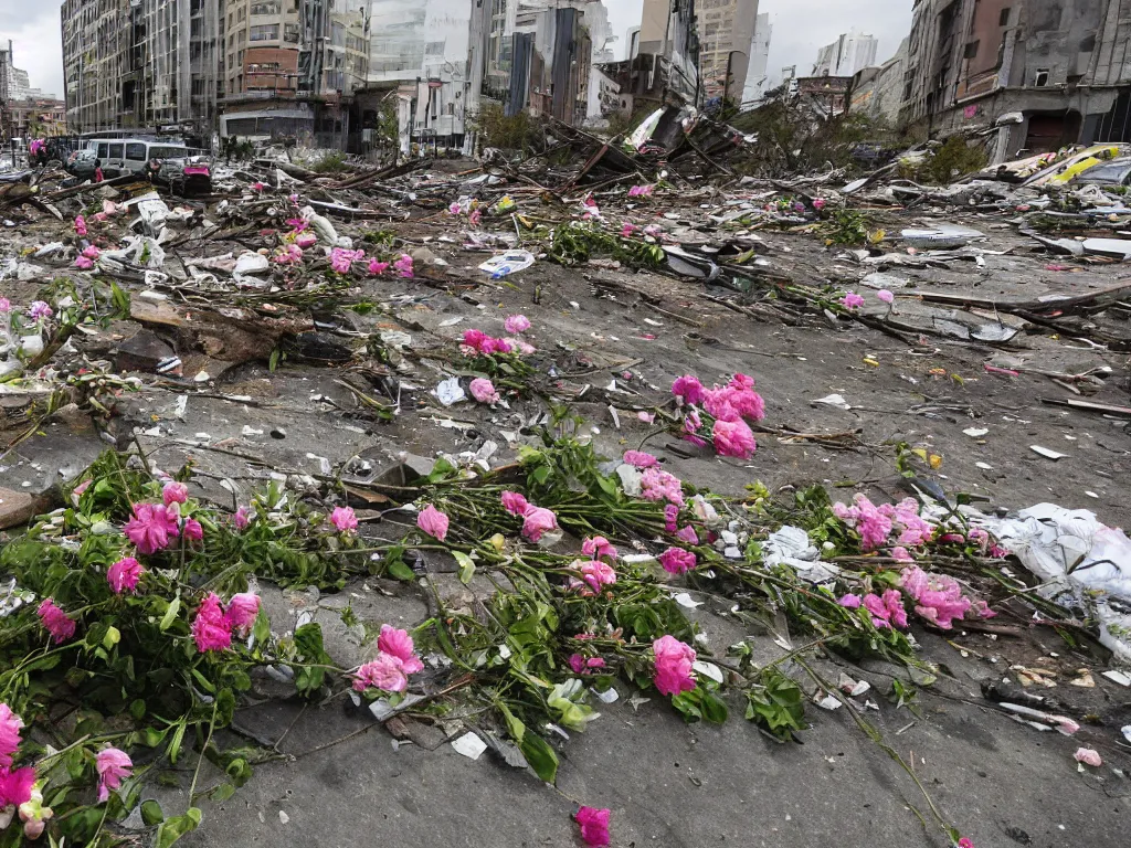 Prompt: flowers spring emerge from debris, city destruction