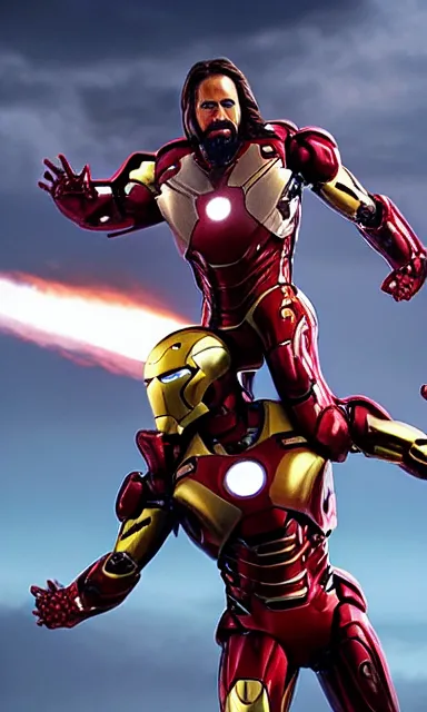 Prompt: full shot photograph of jesus christ being carried by iron man on doomsday, photorealistic, cinematic lighting, extremely detailed, marvel cinematic universe