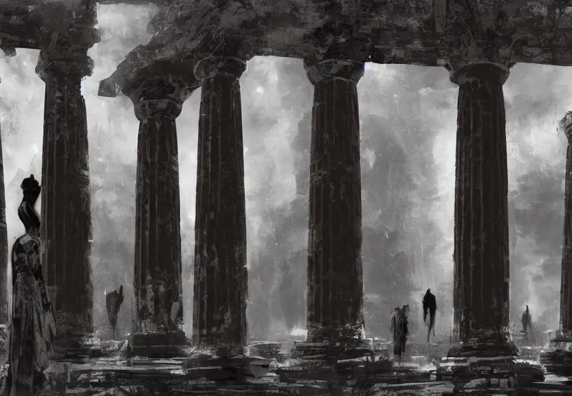 Image similar to painting of the dark figures of four people in an ancient greece scenery, high contrast, concept art, town, temple, pillars, dramatic lighting, digital art, 8 k, extremely detailed, drawn by ruan jia