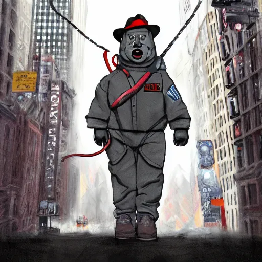 Image similar to a giant ghostbusters stay puff marshmallow man wearing timberland shoes and a yankee hat smoking a joint walking in new york city, highly detailed portrait, digital painting, artstation, artstation hq