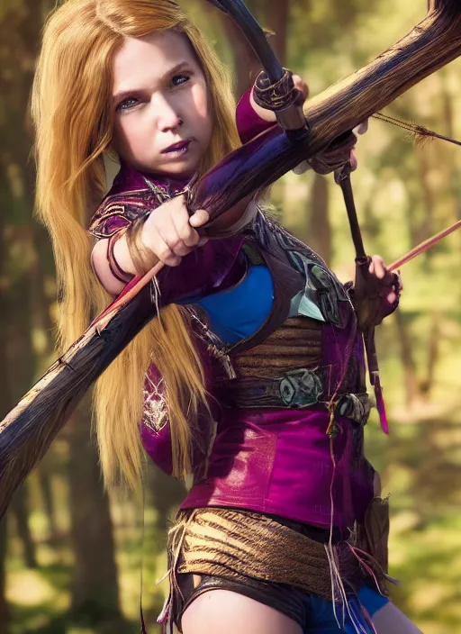 Image similar to An epic fantasy comic book style portrait painting of a young girl with long blonde hair and blue eyes. Wearing brown and magenta leather tribal combat clothes. She is holding hunting bow. Unreal 5, DAZ, hyperrealistic, octane render, cosplay, RPG portrait, dynamic lighting