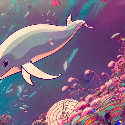 Image similar to a beautiful hyperdetailed character design 4 k wallpaper illustration of a cute dolphin, victo ngai cyberpunk style, from china, style of studio ghibli, makoto shinkai, raphael lacoste, louis comfort tiffany, artgerm, james jean, ross tran, chinese style