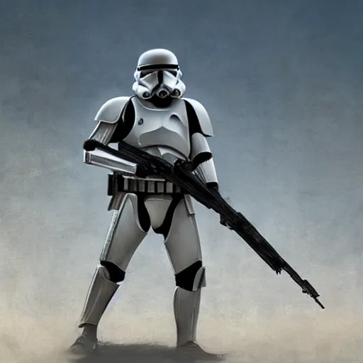 Image similar to an extremely long shot of an imperial stormtrooper in battle position ready to shoot his blaster concept art by Doug Chiang cinematic, realistic painting, high definition, very detailed, extremely high detail, photo realistic, concept art, the Mandalorian concept art style, green background