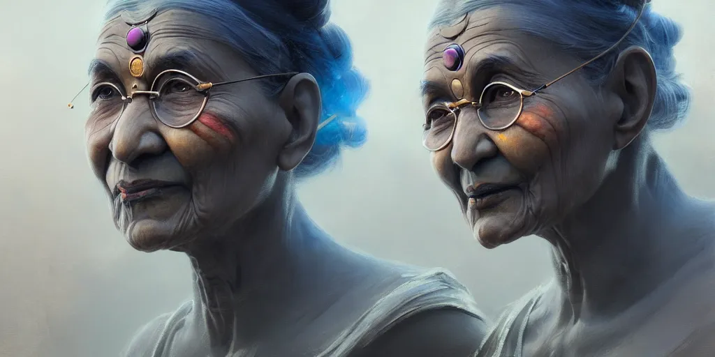 Prompt: ultra detailed face portrait of the mamatha gandhi as a cyborg, extremely detailed digital painting, in the style of fenghua zhong and ruan jia and jeremy lipking and peter mohrbacher, mystical colors, rim light, beautiful lighting, 8 k, stunning scene, raytracing, octane, trending on artstation