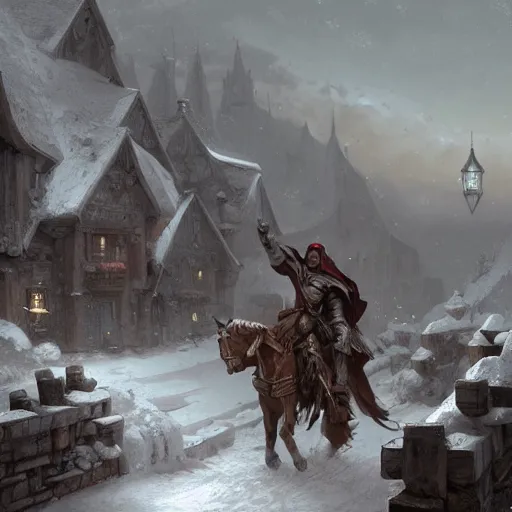 Image similar to A knight on his horse who arrives in a snowy village without any people, fantasy, highly detailed, digital painting, artstation, concept art, illustration, art by Bayard Wu and Marc Simonetti and Diego Gisbert Llorens