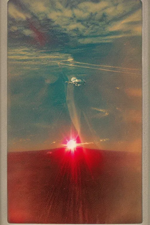Prompt: analog polaroid photograph of a spaceship crashing in the ocean, seen from above, drone footage, bright sun reflection in the water, lensflare, film grain, azure tones, red color bleed