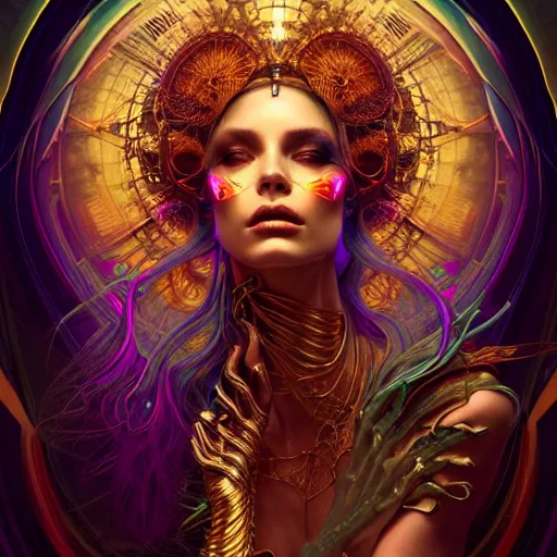 Image similar to extremely psychedelic beautiful cyborg goddess infected by night. intricate, elegant, highly detailed, extremely lifelike photorealistic digital painting, artstation. steichen, gaston bussiere, tom bagshaw, cyberpunk alphonse mucha. elegant minimalism. anatomically correct. sharp focus. gold, black accents. surreal lush cosmic hallucination