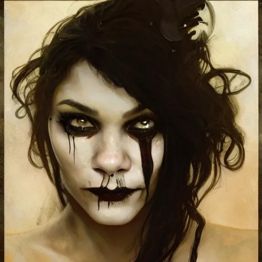 Prompt: beautiful portrait of vanessa hudgens as death from sandman, smiling, by cedric peyravernay, alphonse mucha, by jeremy mann, by lecouffe deharme, goth chic, soft lightning, eyeliner, punk rock, high detailed, 8 k