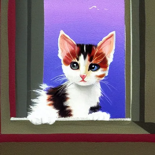 Prompt: cute calico kitten looking out of the window on a [ [ [ [ [ beautiful ] ] ] ] ] ] summer day, featured on artstationg, gorgeous!!!