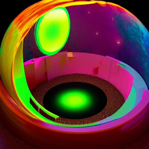 Image similar to photo of a diorama of the hole universe inside a epoxy resin cube, very colourful, cinematic lighting, soft neon, octane render, trending on Artstation