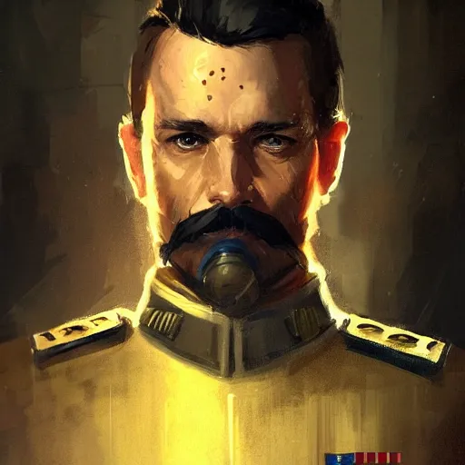 Image similar to portrait of a man by greg rutkowski, british features, short black hair in military style, moustache, tall, star wars expanded, universe, he is about 4 0 years old, wearing imperial captain uniform, artstation hq