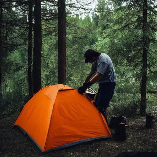 Image similar to man spray painting a camping tent