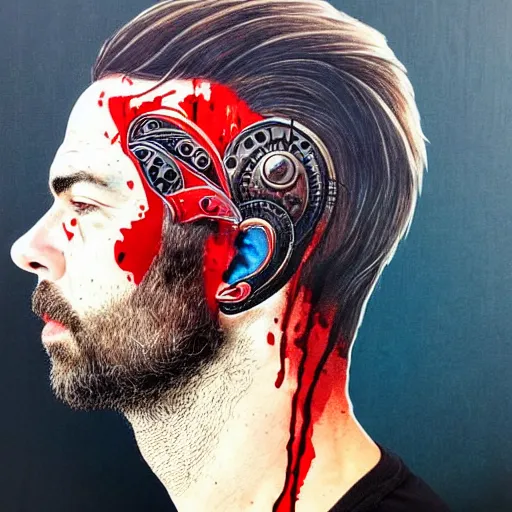 Image similar to a portrait of a back man with side profile blood in ocean intricate details :: side profile :: futuristic mask :: by vikings and Sandra Chevrier