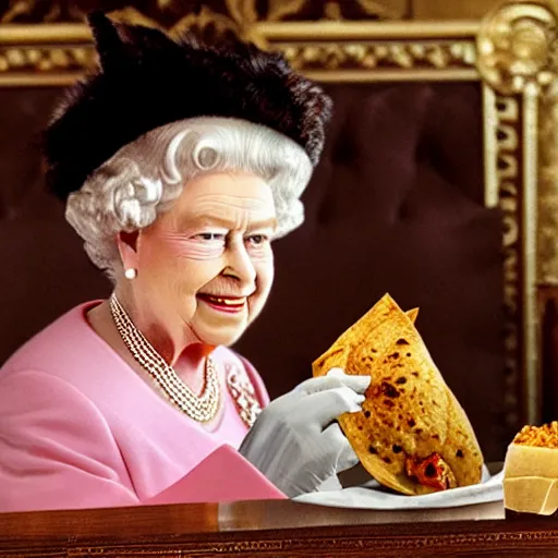 Image similar to Queen Elizabeth biting into a Taco Bell burrito