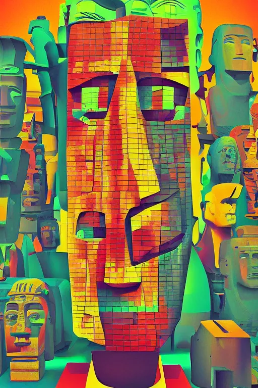 Image similar to cubist moai statue cutout digital illustration cartoon colorful beeple