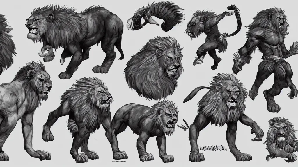 Prompt: lionman barbarian character design sheet, trending on artstation