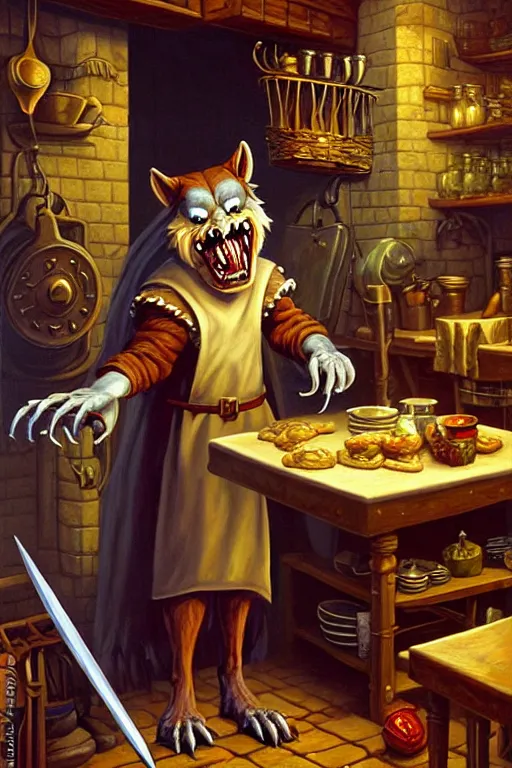 Prompt: classic oil painting, an adorable werewolf that is dressed as a medieval chef, as a dnd character, inside a cluttered kitchen, cottagecore, highly detailed, digital illustration, concept art, smooth, sharp focus, art by tim hildebrandt, and greg hildebrandt, neutral temperature