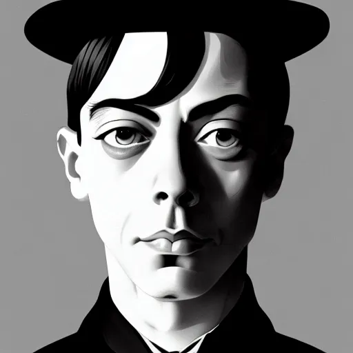 Image similar to portrait of young buster keaton, handsome, smooth, fine, striking features, anime fantasy illustration by araki hirohiko, lucky land communications, david production inc., kyoto studio, madhouse, ufotable, trending on artstation