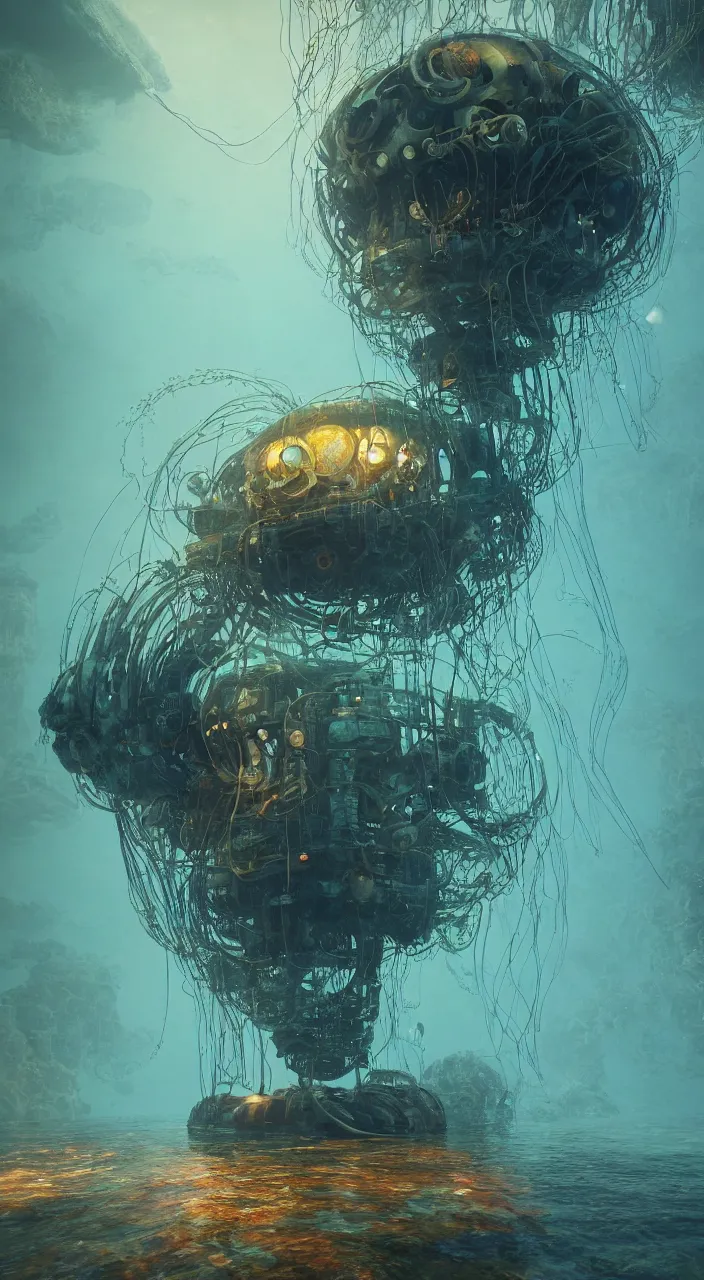 Prompt: underwater building that resembles steampunk man o war jellyfish, james gurney, thomas kinkade, cinematic lighting, artstation, vibrant nature, tuomas korpi, tekkon kinreet, volumetric light, artstation, octane render, redshift render, low angle camera, rich deep moody colors