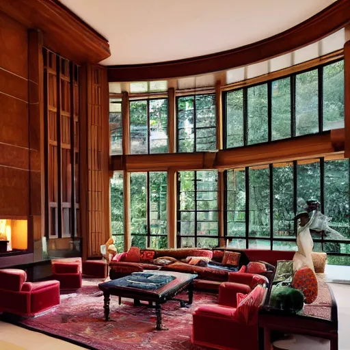 Image similar to A vast beautiful fully stocked living room area in a mansion designed and decorated by Frank Lloyd Wright, sofa, chairs, fireplace, tables,