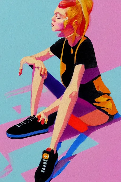 Image similar to a ultradetailed painting of a stylish woman sitting on a pile of sneaker boxes trending on artstation