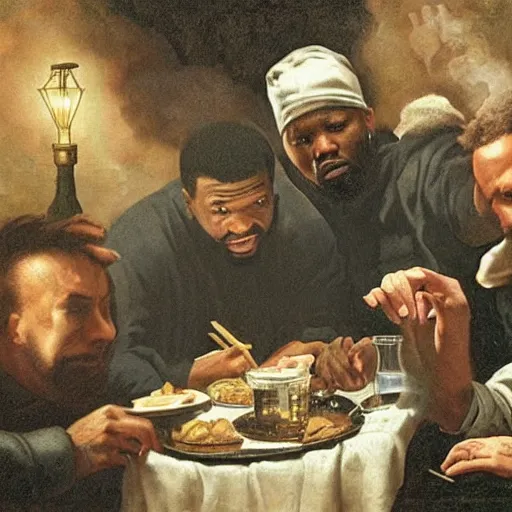 Image similar to 2 1 savage and 5 0 cent and drake huddled around a table with a lantern in a dark pub like in the denial of st. peter by gerard seghers