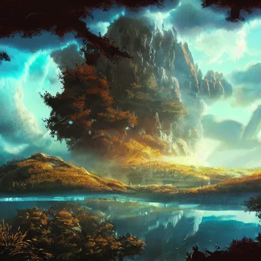 Prompt: bob ross comic book scene of an epic portal being exited by a god, cinematic, realistic, beautiful scenery, matte painting, highly detailed, octane render, unreal engine