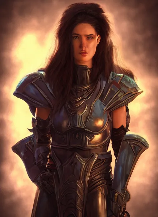 Image similar to A fantasy comic book style portrait painting of a 20 year old female as a paladin in a atmospheric dark fortress, unreal 5, DAZ, hyperrealistic, octane render, RPG portrait, ambient light, dynamic lighting