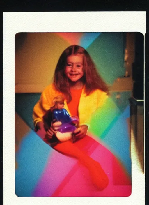 Image similar to colorful chromatic abberation, 9 0 s toy commercial, photo from the 7 0 s, polaroid photo,